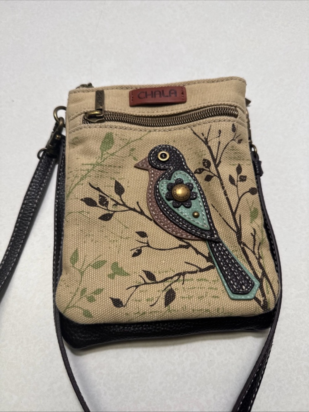 CHALA SAFARI DOUBLE POCKET BIRD CREAM BROWN CANVAS CELLPHONE CROSSBODY PURSE